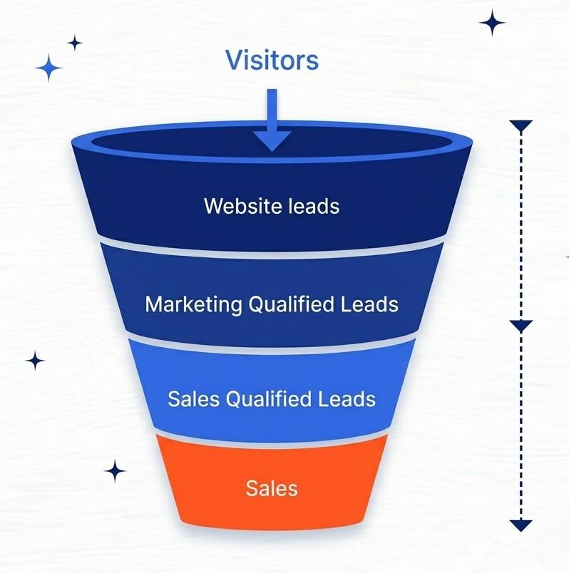 A sales funnel graphic showing visitors, leads, and sales stages, using blue and orange tones on a white textured backdrop.