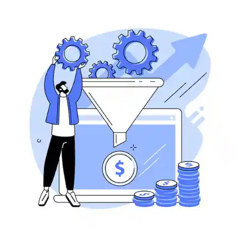 Conversion rate optimization funnel illustration with gears, analytics dashboard and revenue growth concept