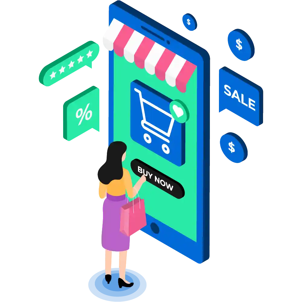Ecommerce web design illustration with mobile shopping cart, buy button, discounts and online sales interface