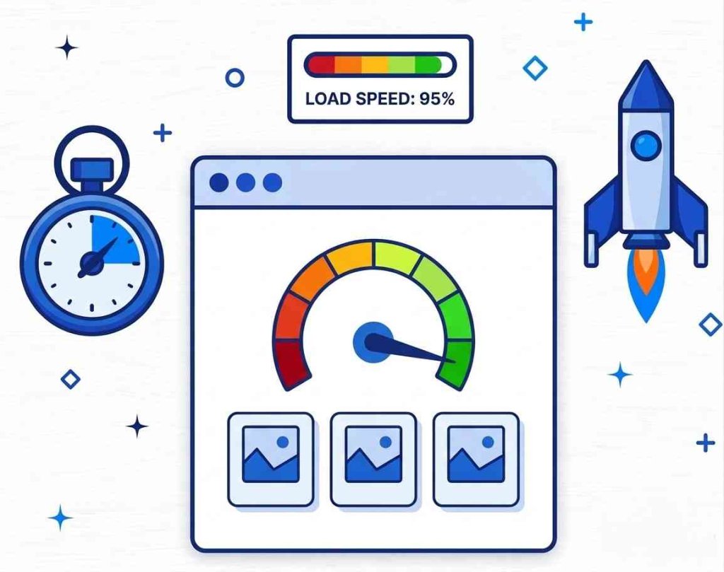 A blue and white vector illustration of website speed optimization, showing a gauge, stopwatch, rocket, and images symbolizing fast website