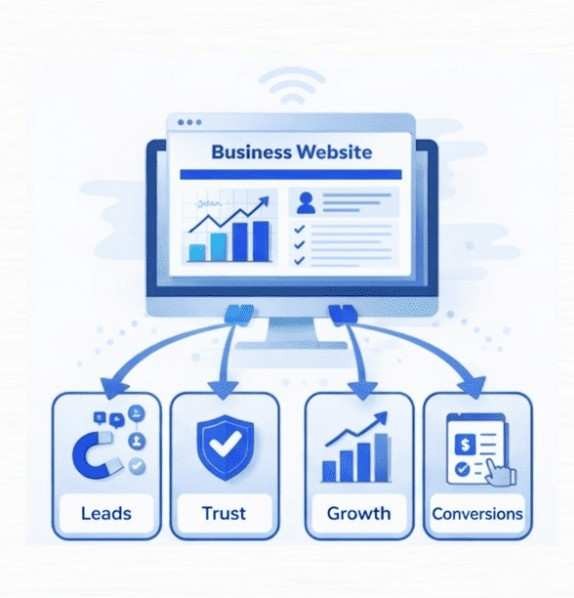 Illustration of a computer showing website analytics with icons for leads, trust, growth, and conversions connected below