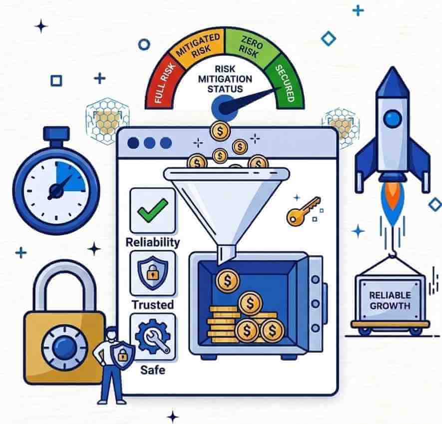 Business risk gauge illustration showing secured growth, trust, and a money funnel.
