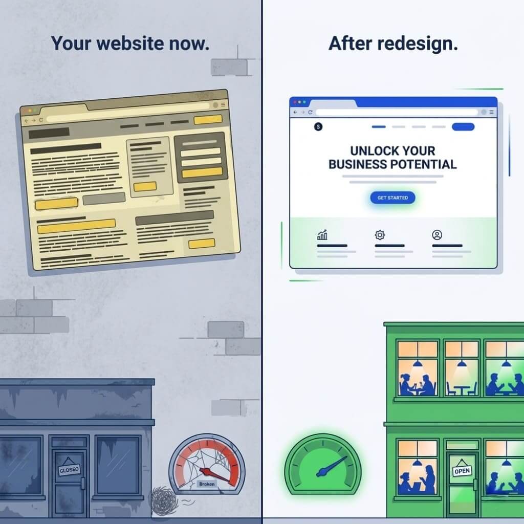 Website redesign comparison showing outdated site losing customers vs modern optimized design improving traffic and conversions