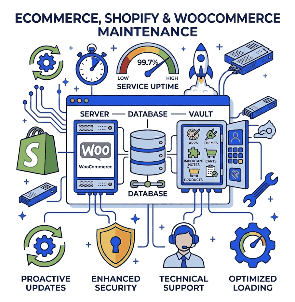 Ecommerce website maintenance infographic for Shopify and WooCommerce servers, databases, security, and updates.