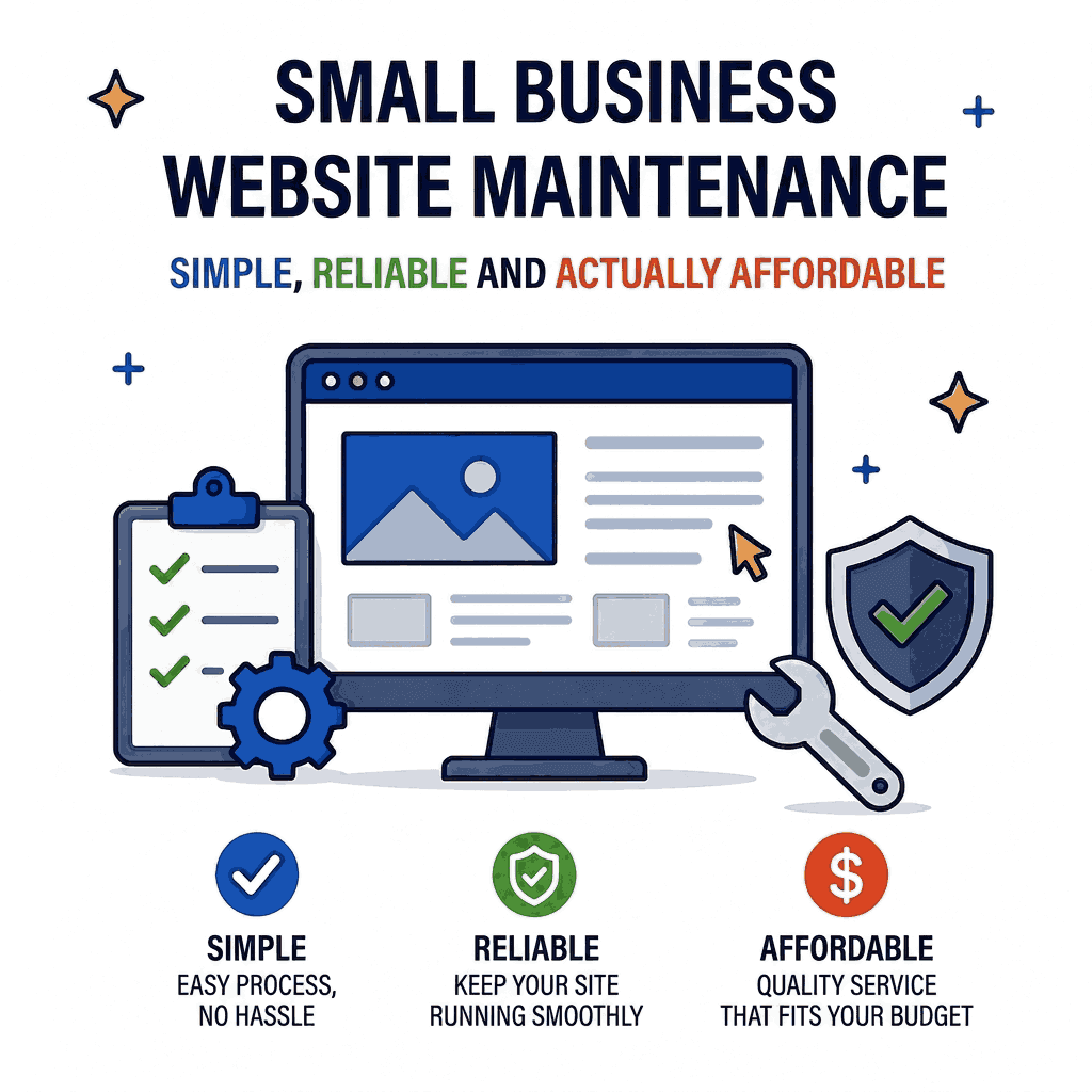 Flat-line web maintenance infographic showing a monitor, checklist, wrench, and shield for secure small business sites.