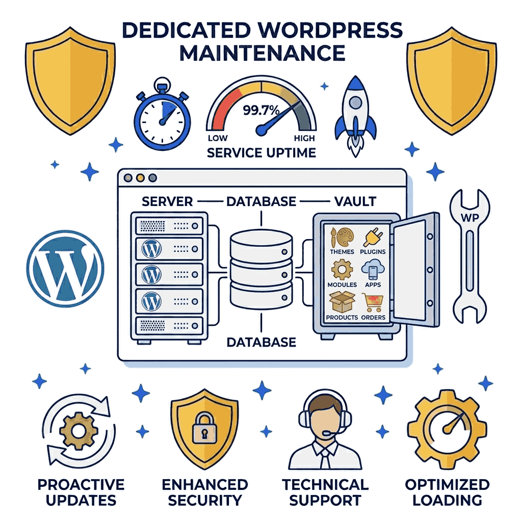 Dedicated WordPress maintenance infographic showing high uptime, secure vault database server, updates, and tech support.